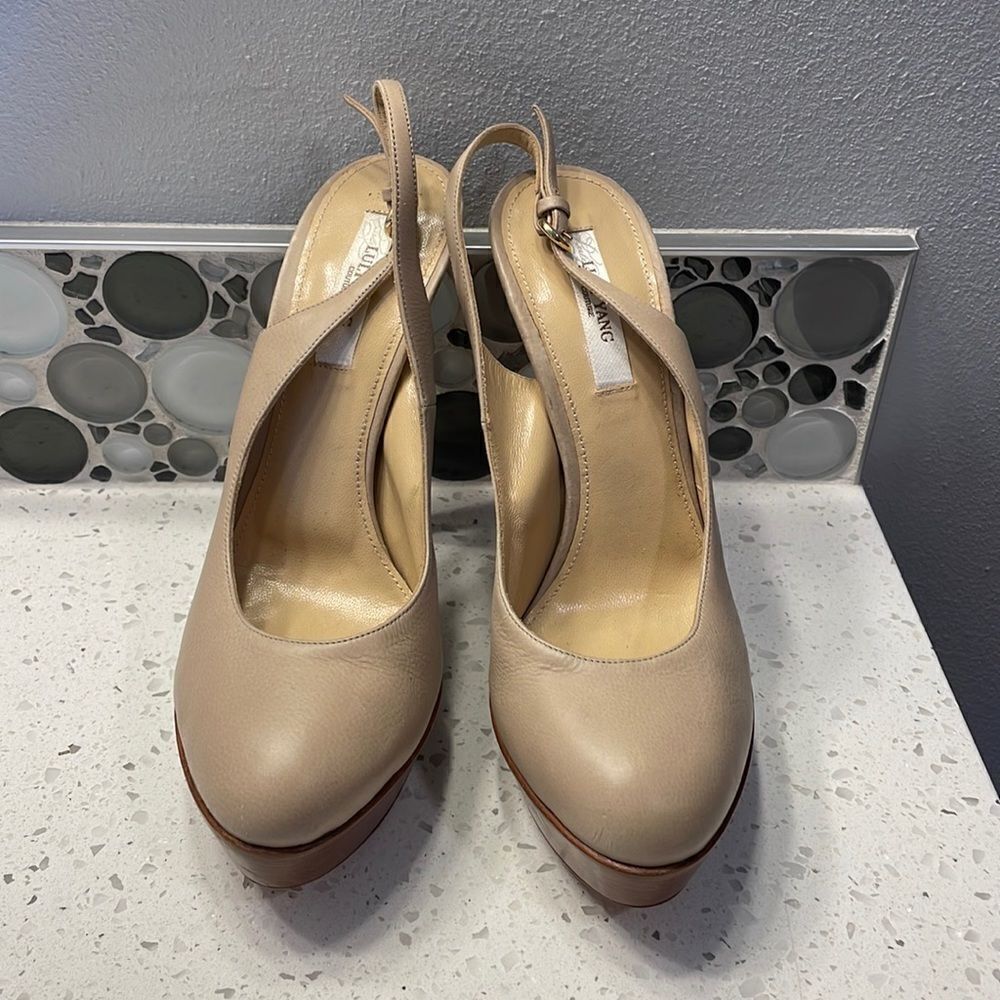 LULY Yang Couture woman’s tan platform heels